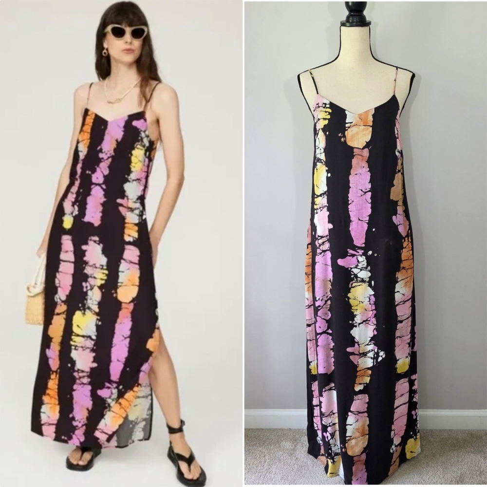 Busayo Collective Black Purple Tie-Dye V-Neck Side Slit Slip Dress Size Medium